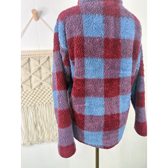 Eddie Bauer Plaid Sherpa Fleece Quarter Zip Pullover Jacket Size Small Blue Red - Picture 9 of 10